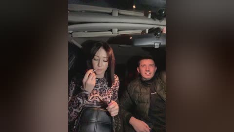 Media: A video captures a distressed Asian woman with dark hair, wearing a leopard-print shirt, and a man with short hair in a dark jacket, both seated in a dimly lit car.