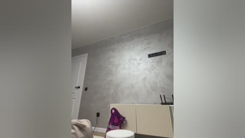 Media: Video of a modern, minimalist bedroom with light grey textured walls, a beige radiator, and a purple jacket hanging on a chair.