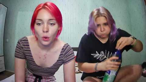 Media: Video of two women with vibrant hair, one red and one purple, in a room with light green wallpaper. The red-haired woman has acne, wearing a striped top, while the purple-haired woman, in a black t-shirt, sprays perfume.