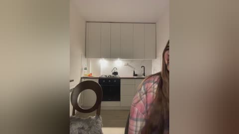 Media: Video of a modern kitchen with light gray cabinets, stainless steel appliances, and a wooden chair with a plaid blanket.