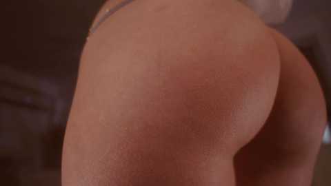 Media: Video of a close-up of a woman's bare, tan buttocks, focused on the skin texture and slight dimpling. Background is blurry, with indistinct, dark furniture.