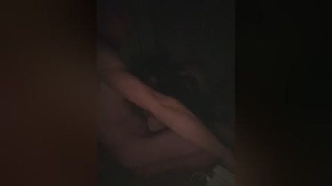 Media: A dimly lit video shows a person, likely female, with fair skin and dark hair, hunched over in a dark, shadowy room, possibly in distress.