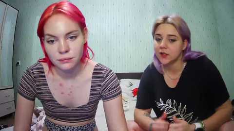 Media: Video of two young women with dyed hair (one red, one lavender) in a bedroom with light green wallpaper. One wears a striped crop top, the other a black shirt.