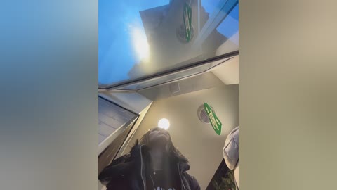 Media: Video of a person in a dark jacket standing inside a glass elevator, looking upward at a green and white logo reflected on the ceiling.