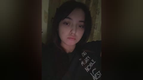 Media: Video of a young Asian woman with dark hair, wearing a black hoodie with white text, leaning against a yellowish wall, dimly lit room.