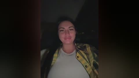 Video of a woman with a medium complexion, dark hair, and a slight smile, wearing a yellow and green camo jacket over a white top, in a dimly lit room.