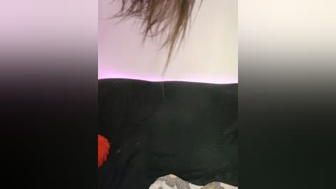 Media: A video showing a person with long, wet hair standing in front of a black curtain with a purple light. The background is blurred, focusing on the hair and curtain.