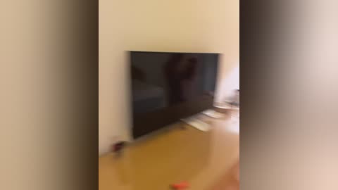 A blurred video of a living room featuring a flat-screen TV mounted on a beige wall. The room has light wooden flooring and a white sofa partially visible.