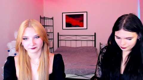 Video of two young women with long hair, one blonde and the other black, seated in a pink-lit bedroom with a grey bed and framed red sunset painting.