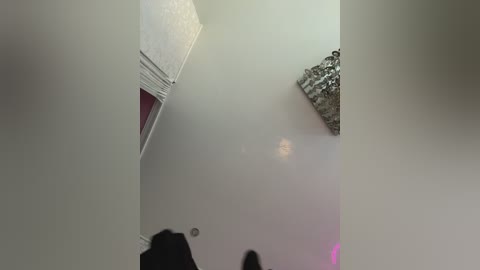 Media: Video of a dimly lit room with a white ceiling, a chandelier, and a partially visible person in silhouette.