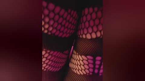Video of a woman's legs clad in black fishnet stockings with alternating pink and purple stripes, set against a dark, blurred background. The focus is on the intricate patterns and texture of the stockings.