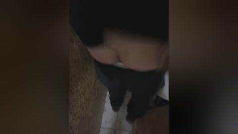 Media: A dimly lit video captures a woman in a dark, low-cut dress bending over, revealing her bare buttocks and upper thighs. She has long, dark hair and is standing on a carpeted floor.
