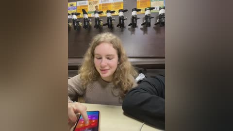 Media: Video of a curly-haired woman with a soft smile, holding a colorful phone, sitting at a table in a coffee shop with a wall of coffee machine nozzles in the background.