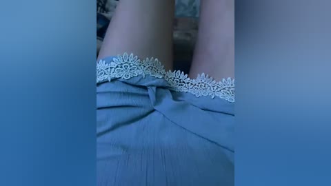 Video of a person's legs in a light blue dress with intricate lace trim, showcasing a close-up view of the hemline. The background is blurred, featuring a textured surface, possibly a rug.