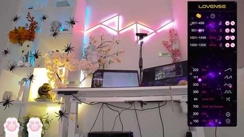 Video of a modern, colorful room with a white desk, neon lights, plants, and a computer monitor; overlayed with a digital chart showing metrics.