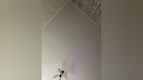 Video of a ceiling with a textured, light gray plaster finish. A white ceiling fan with five blades hangs centrally, casting a soft glow from its light.