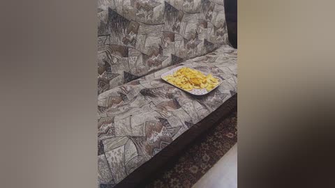 A video of a beige sofa with a patchwork pattern featuring various shades of brown and gray, topped with a yellow ceramic plate filled with potato chips. The background includes a patterned carpet.