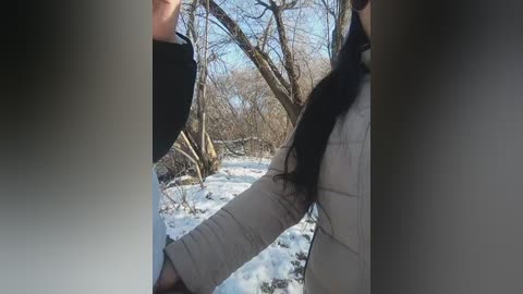 Video of a woman in a white puffer jacket, with long black hair, and a man in a black jacket shaking hands in a snowy forest with leafless trees and a stone wall in the background.