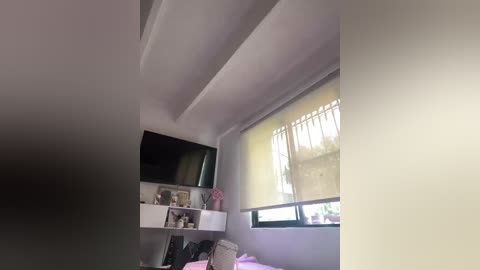 Video of a minimalist, modern bedroom with a white ceiling, a large window with vertical blinds, a flat-screen TV mounted on a white wall, and a small white shelf holding decorative items.