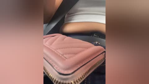 A close-up video of a person's torso, partially obscured, showing a pink quilted handbag with gold zippers and a white shirt. The background is blurred, focusing on the bag.