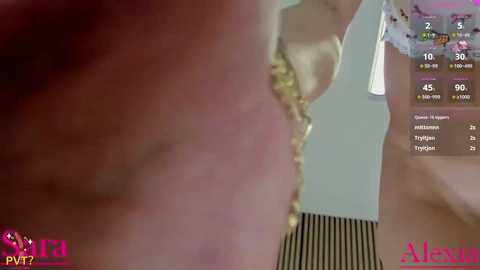 A close-up video of a woman's face with fair skin and a golden necklace, partially blurred, with a digital timer display showing 45 minutes, 50 seconds.