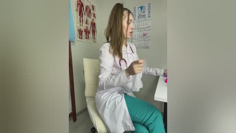Video of a Caucasian woman with light brown hair, wearing a white lab coat and green scrubs, sitting on a white medical chair in a clinic.