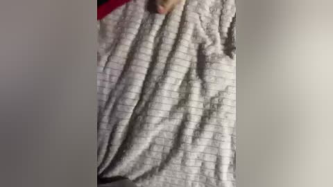 A close-up video of a person's torso wearing a grey and white striped shirt, partially obscured by a red object, possibly a piece of clothing. The shirt's texture is soft, with visible folds and creases. The background is plain and off-white.