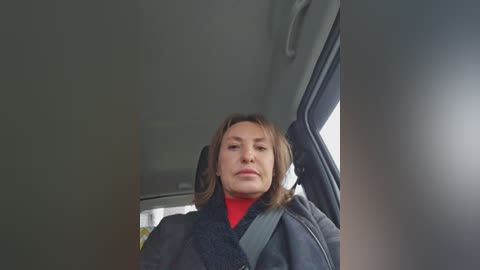 Video of a middle-aged Caucasian woman with shoulder-length light brown hair, wearing a dark jacket over a red turtleneck, seated in a car with a gray seatbelt across her chest. The car interior is dimly lit.