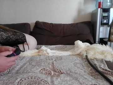 Video of a woman in black lace lingerie, lying on a bed with a paisley-patterned beige blanket. She has a hand in her black thong, and a white teddy bear is beside her. Background includes a dark brown couch and a water dispenser.
