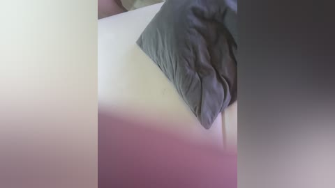 Video of a person's gloved hand, covered in grey paint, applying a coat to a white wall. The background is blurred, showcasing a mix of soft pink and beige hues.