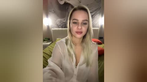 A video of a blonde woman in a sheer white blouse, seated on a bed with a gray headboard, green and red pillows, and a floral wall mural.