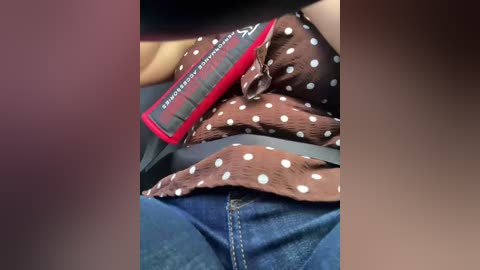 Video of a person wearing a polka-dot brown dress, with a red and white patterned belt, and a dark blue denim skirt. The image is close-up, focusing on the waist and lower abdomen.