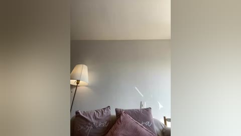 A video of a minimalist bedroom with a beige wall, a small white lamp on the left, and a purple cushioned bed with decorative pillows. The room has a serene, clean aesthetic.