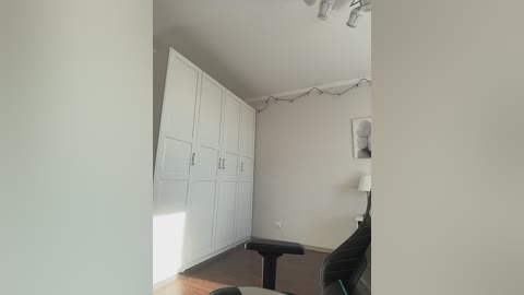 A minimalist, bright bedroom with white built-in closets, a black office chair, wooden floor, and a black desk; gray string lights hang from the ceiling.