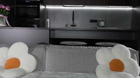 Video of a modern kitchen with gray cabinets, stainless steel appliances, and a light gray couch adorned with large, white, flower-shaped cushions with orange centers.
