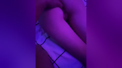 Video of a nude person lying on a white and black checkered bedspread, bathed in purple lighting, highlighting the curves and textures of the body.