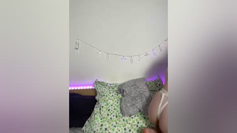 Video of a dimly lit bedroom with a white wall adorned with a string of white fairy lights, featuring a bed with green floral sheets and a grey blanket.