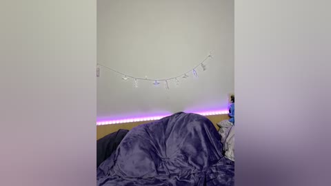 Video of a messy bedroom with a dark blue blanket covering a bed, a string of white lights on the wall, and a faint purple light strip beneath.