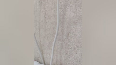 A close-up video of a beige, textured wall with a white power cord running horizontally, emphasizing the wall's rough, sandy surface. The image is minimalistic, focusing on the wall's texture and the cord's placement.