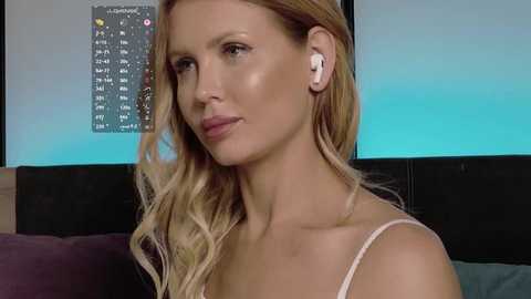 Video of a blonde woman with wavy hair, wearing white headphones and a white spaghetti strap top, looking thoughtful against a blue and black background.