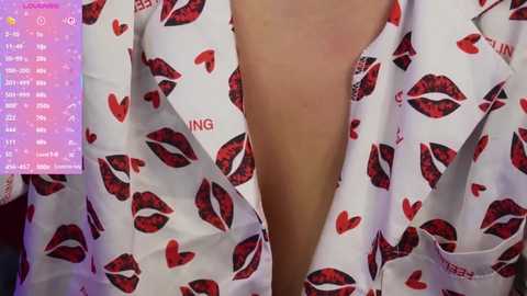 Video of a person wearing a white shirt with red heart-shaped lips printed on it, partially unbuttoned, revealing cleavage, with a purple screen displaying a heart rate monitor overlay in the background.