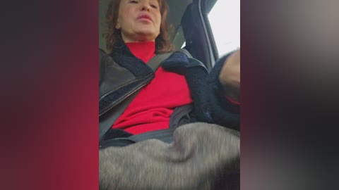 A video captures a woman in a car, wearing a red turtleneck, grey pants, and a black jacket, seated with a seatbelt on. The background is blurred, focusing on her midsection.