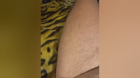 A close-up video of a human arm with light skin, resting on a leopard-patterned blanket. The arm is slightly hairy and the background is a gradient of brown to yellow.