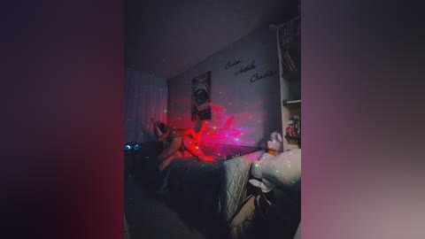 Video of a dimly lit bedroom with a person lying on a bed, illuminated by a red light, surrounded by fairy lights, posters on the wall, and cluttered shelves.
