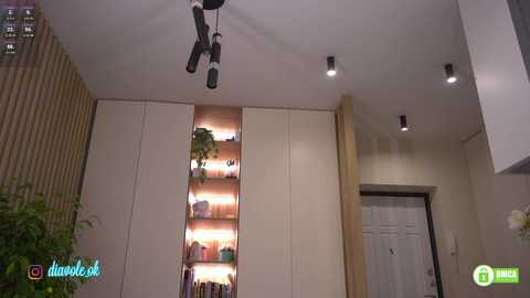 A video of a modern, brightly-lit living room featuring a white wardrobe with built-in LED lighting, a ceiling fan, and a white door.
