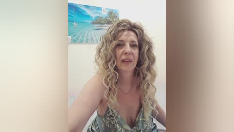 Video of a middle-aged, light-skinned woman with long, curly blonde hair, wearing a sleeveless, green dress with a plunging neckline, in a room with a beach-themed poster on the wall.
