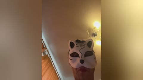 Video of a raccoon mask with white fur and black markings, worn on a person's face, indoors near a wooden floor and a glowing, yellow light fixture.