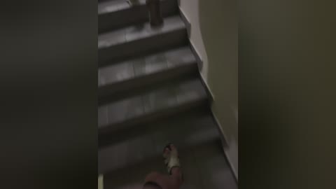 A dimly lit video of a person's feet descending stairs, with a blurred figure in the background. The steps are concrete, and the walls are beige, creating a somber, slightly mysterious atmosphere.