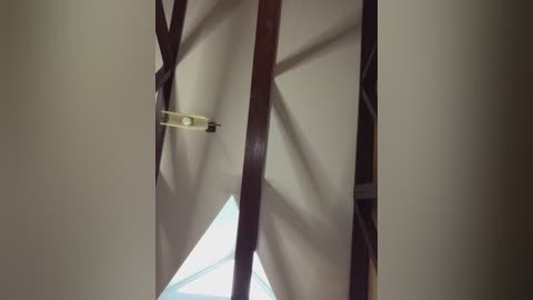 Video of a white, geometrically patterned ceiling with intersecting brown wooden beams, featuring a triangular skylight and a yellow, rectangular light fixture. The scene is dimly lit, creating soft shadows.