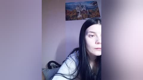 A video of a young Caucasian woman with long black hair, wearing a light blue top, partially obscured by a vertical object, with a medieval castle painting on a wall in the background.